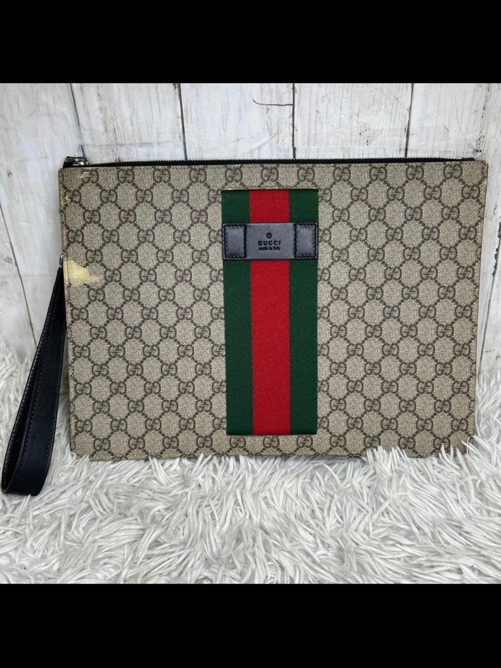Gucci Beige GG Supreme Canvas Wristlet with Red and Green Web Stripe